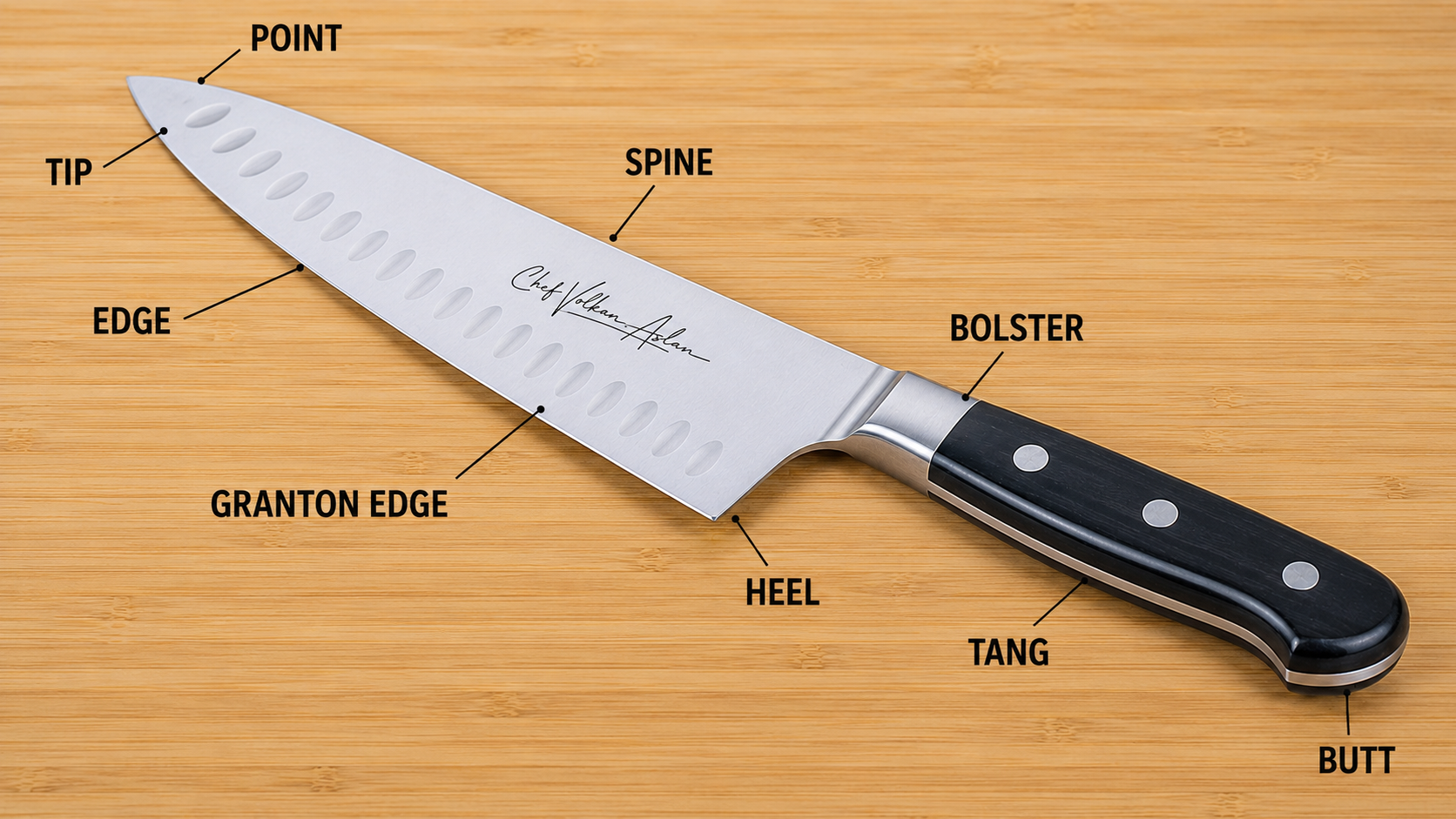 Professional chef knife anatomy and knife parts